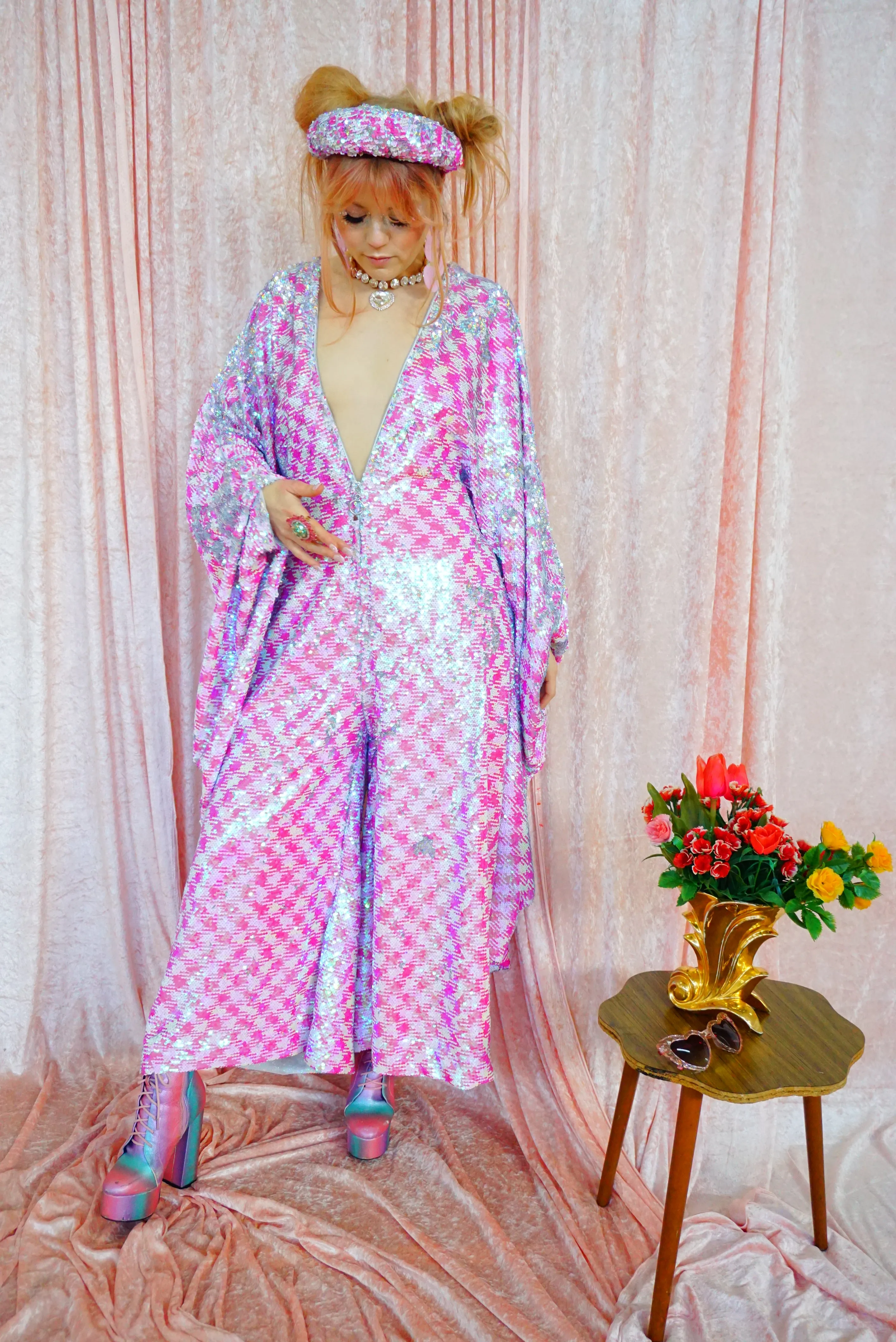 Pink & White Houndstooth Sequin Jumpsuit