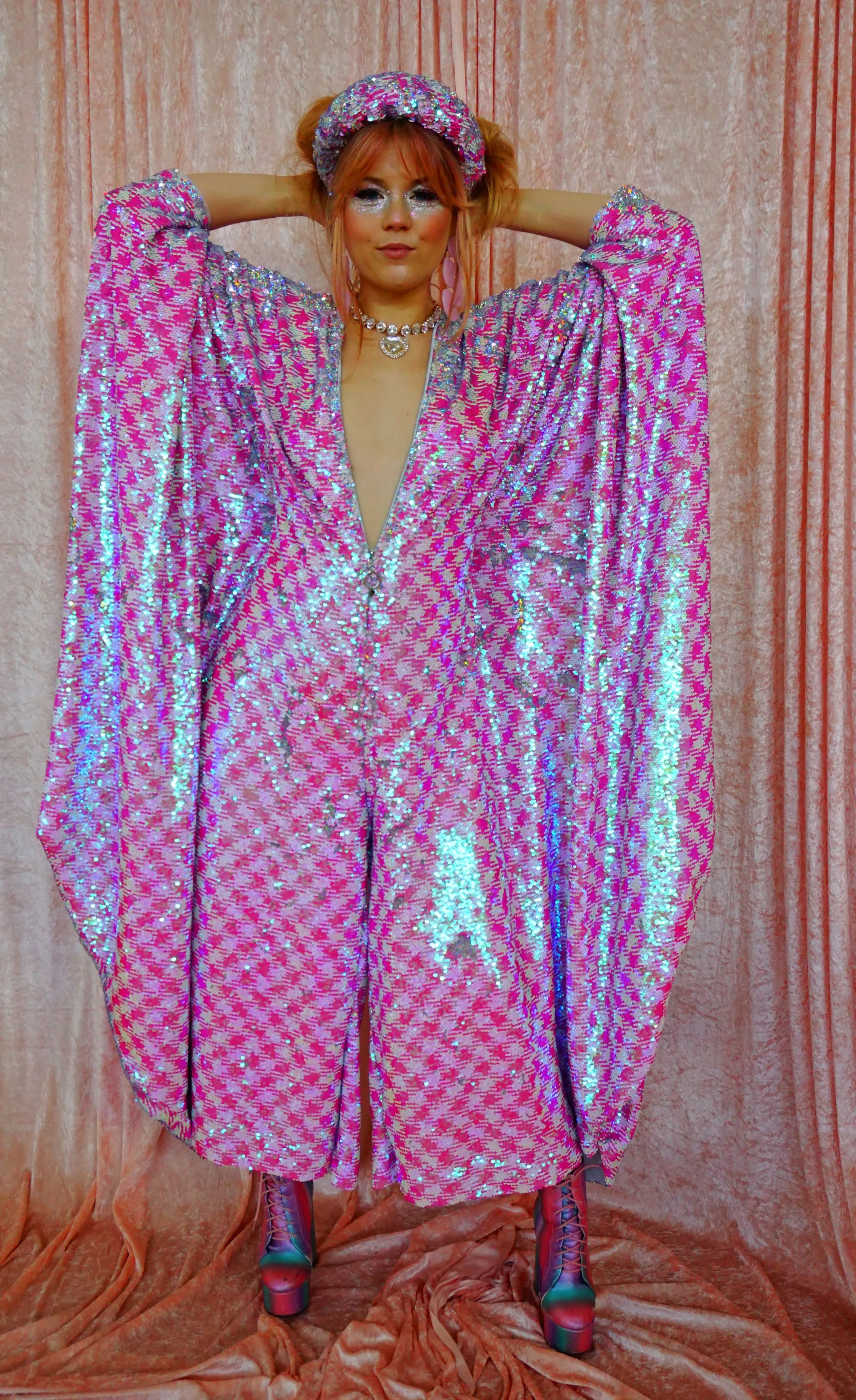 Pink & White Houndstooth Sequin Jumpsuit