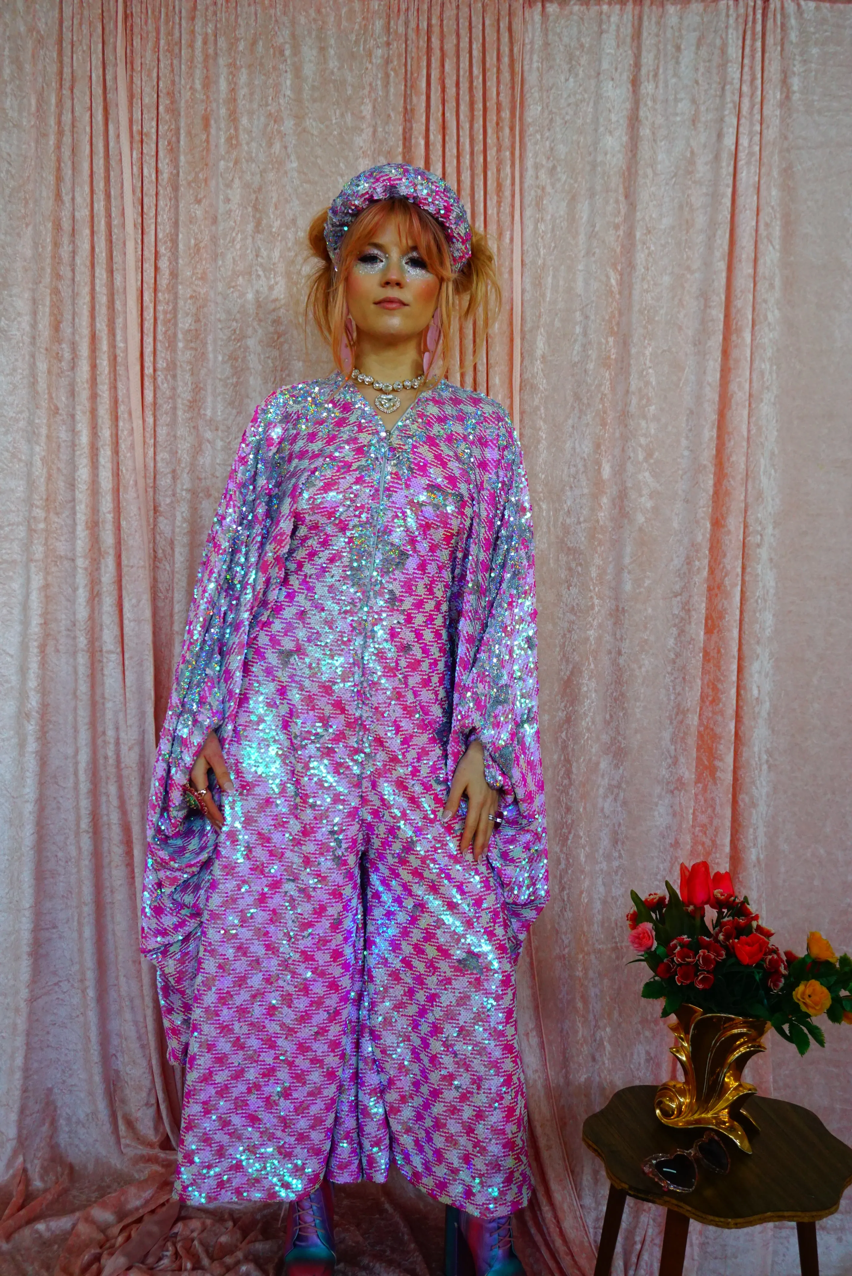 Pink & White Houndstooth Sequin Jumpsuit