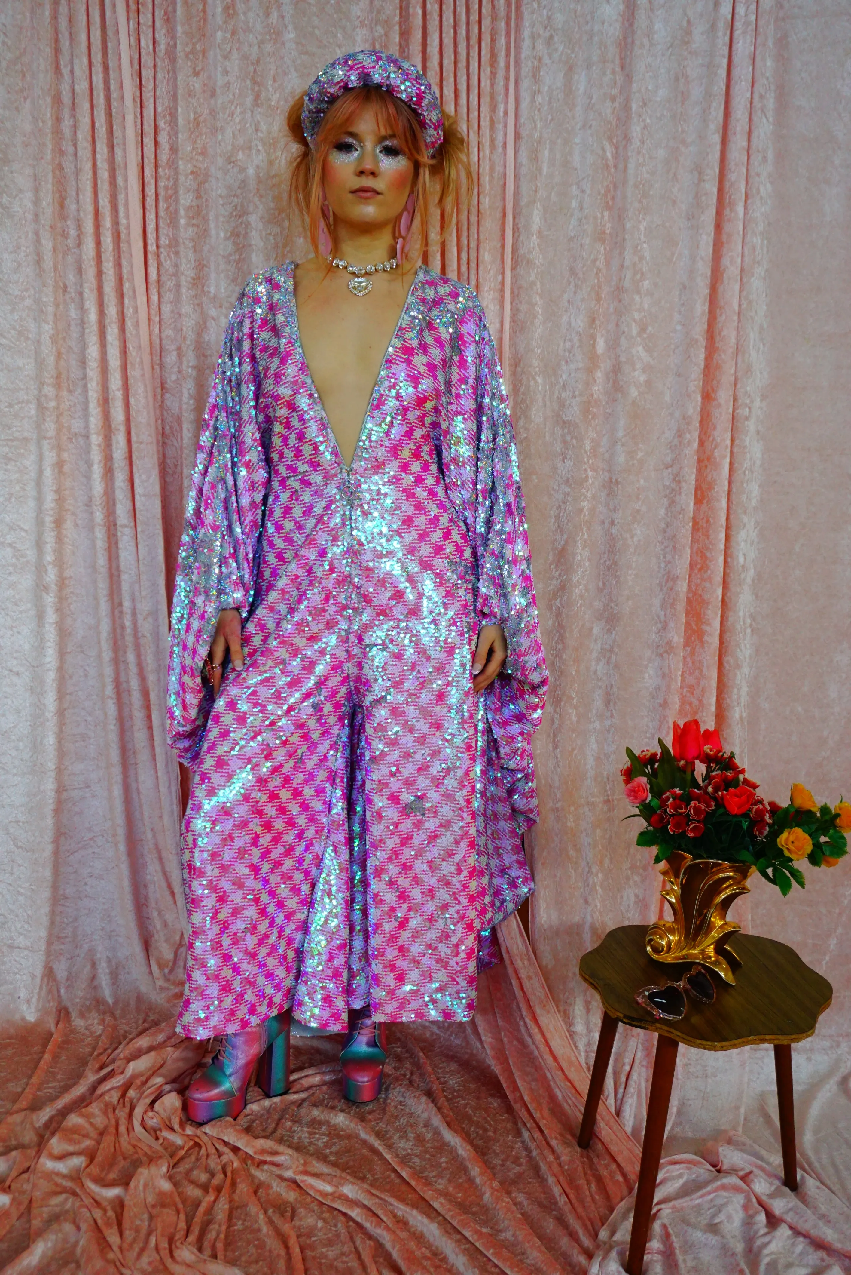 Pink & White Houndstooth Sequin Jumpsuit