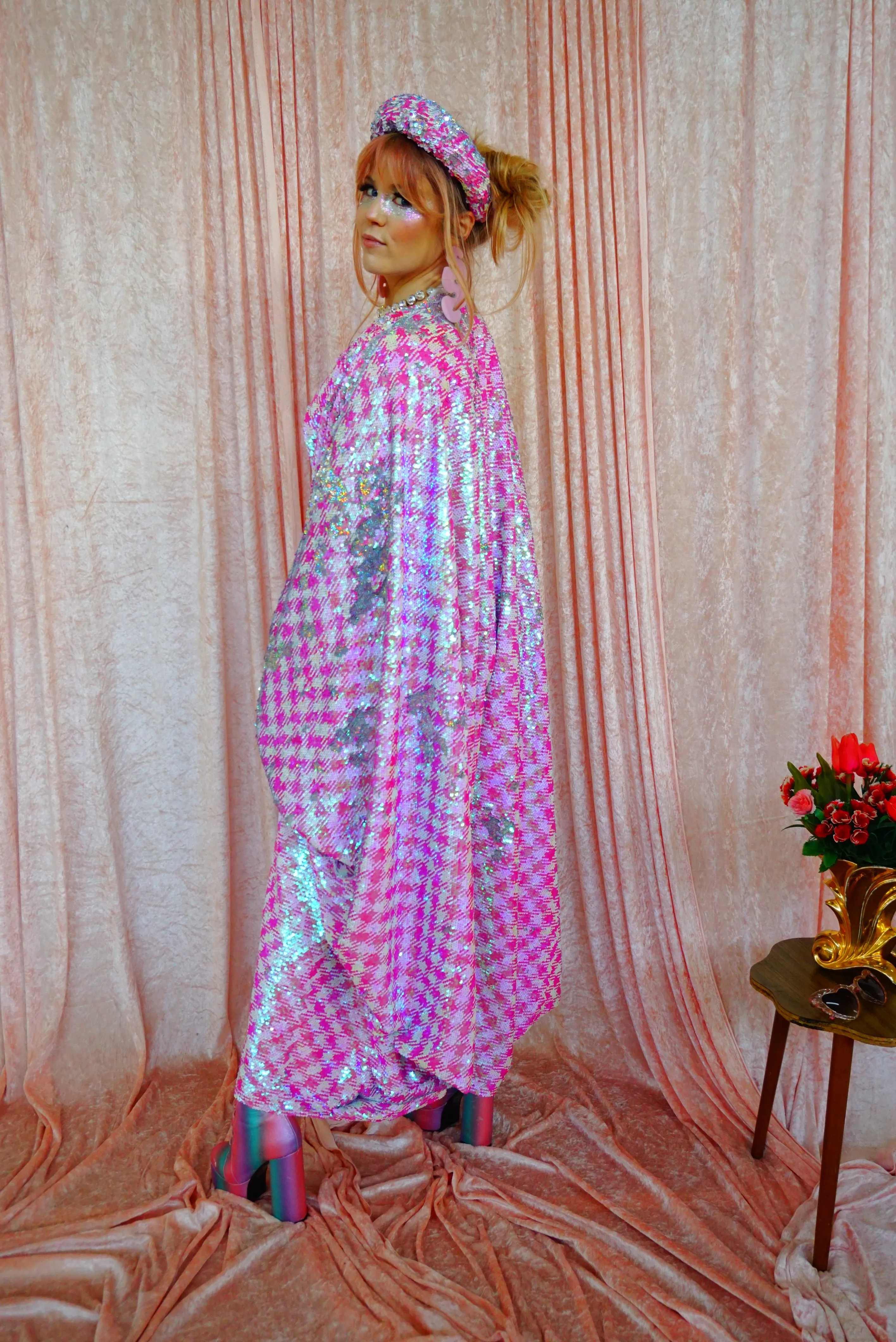Pink & White Houndstooth Sequin Jumpsuit