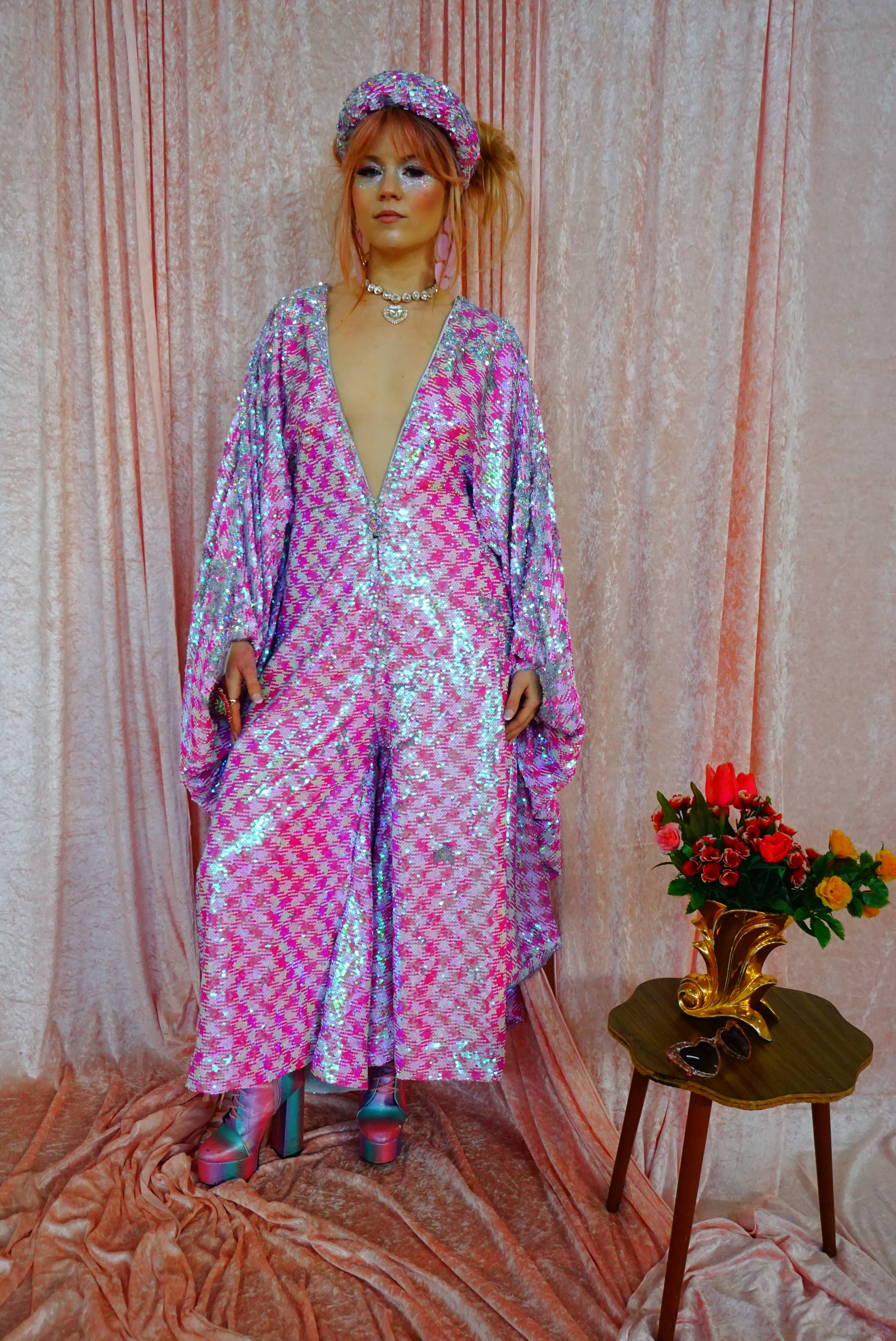 Pink & White Houndstooth Sequin Jumpsuit
