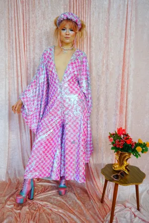 Pink & White Houndstooth Sequin Jumpsuit