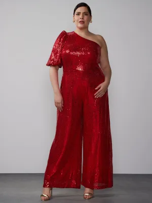 Plus One-Shoulder Sequin Jumpsuit