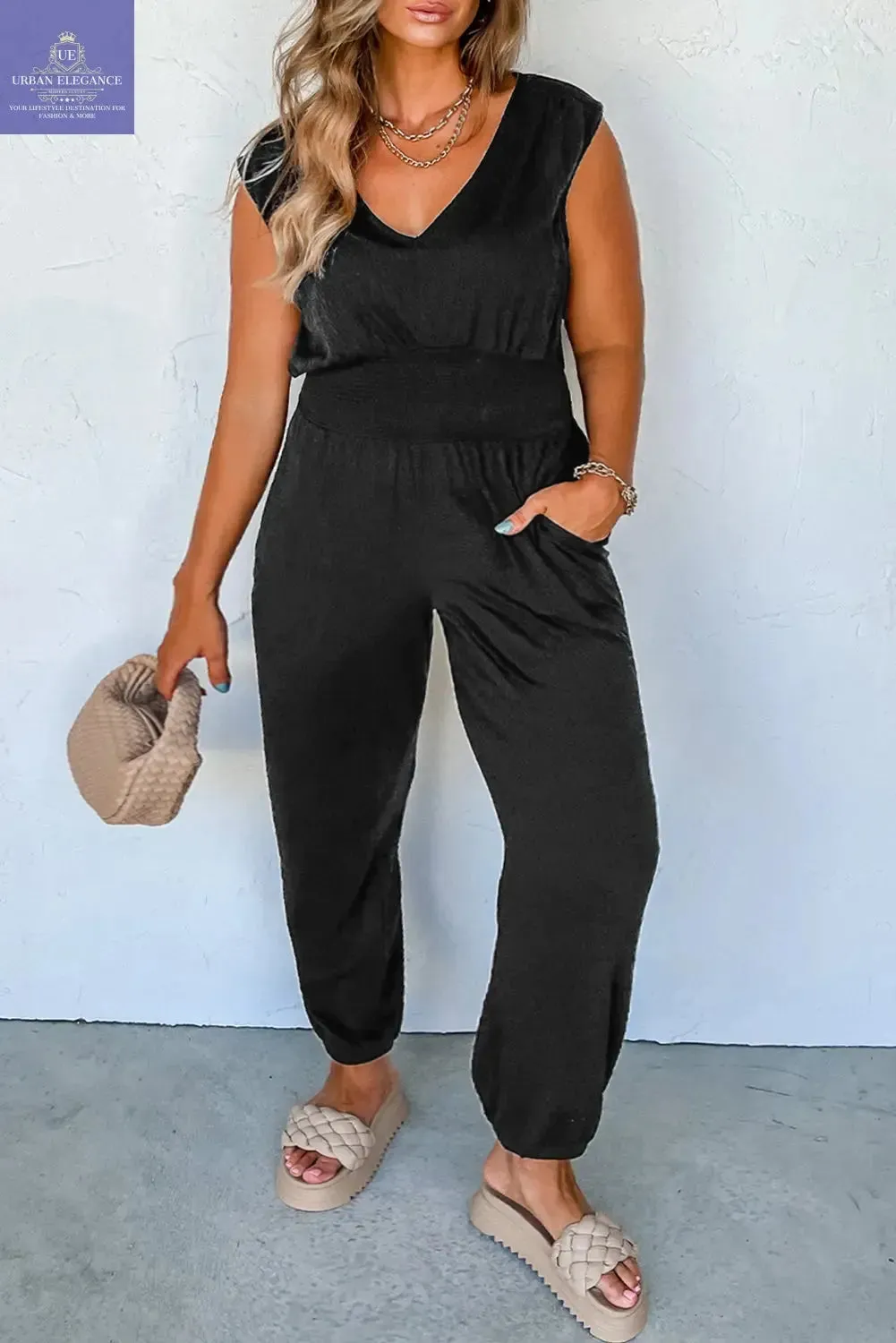 Plus Size Black Smocked High Waist Jumpsuit