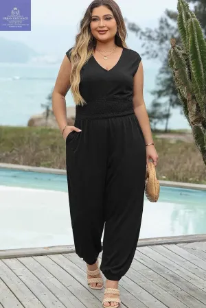 Plus Size Black Smocked High Waist Jumpsuit