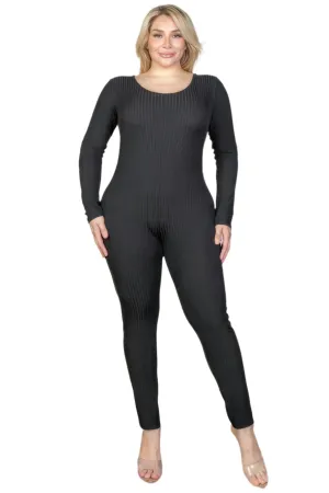 Plus Size Ribbed Scoop Neck Long Sleeve Jumpsuit