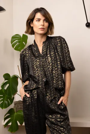 Poppy Gold Print Puff Sleeve Blouse (Black/Gold)