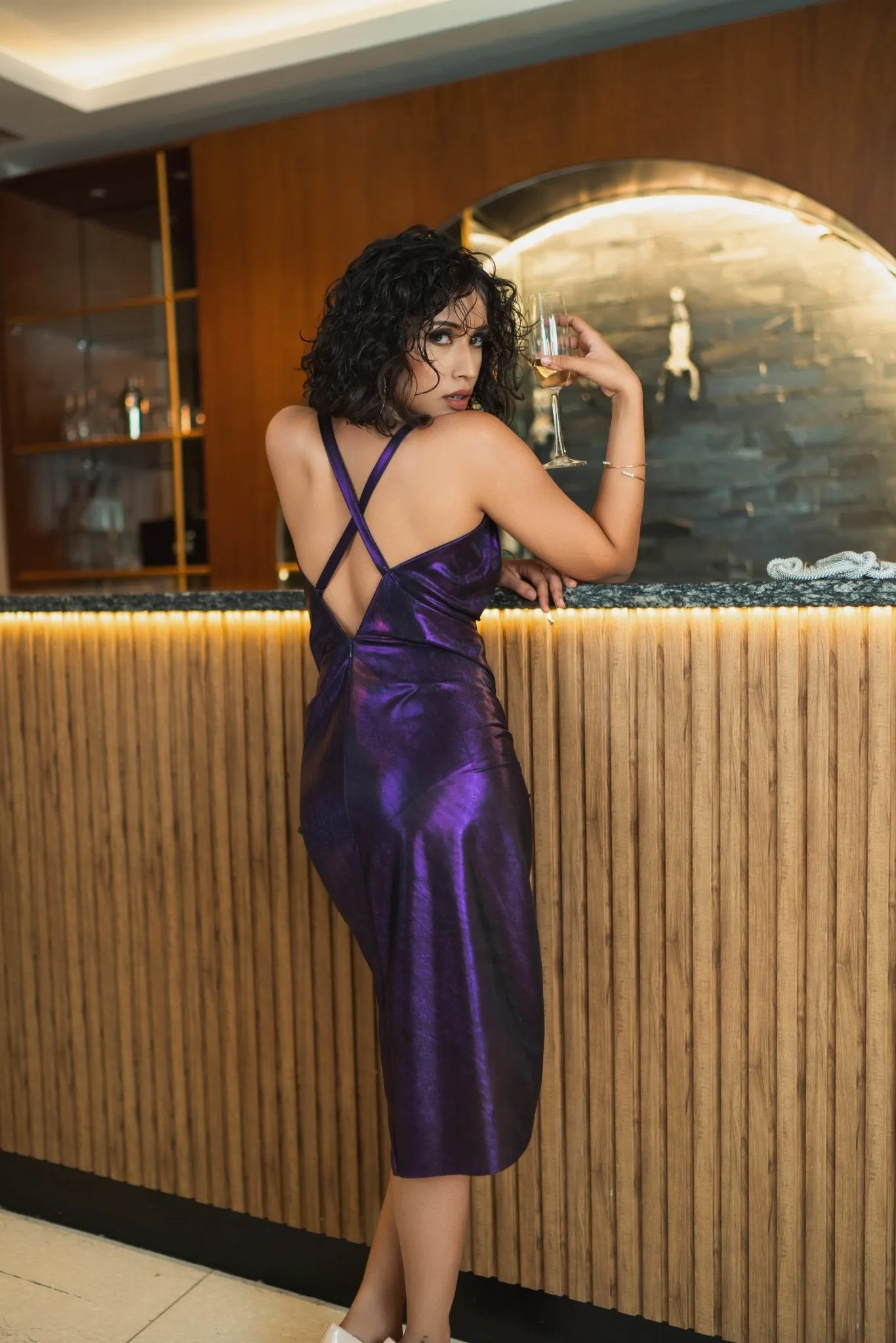 Purple Metallic Cowl Dress