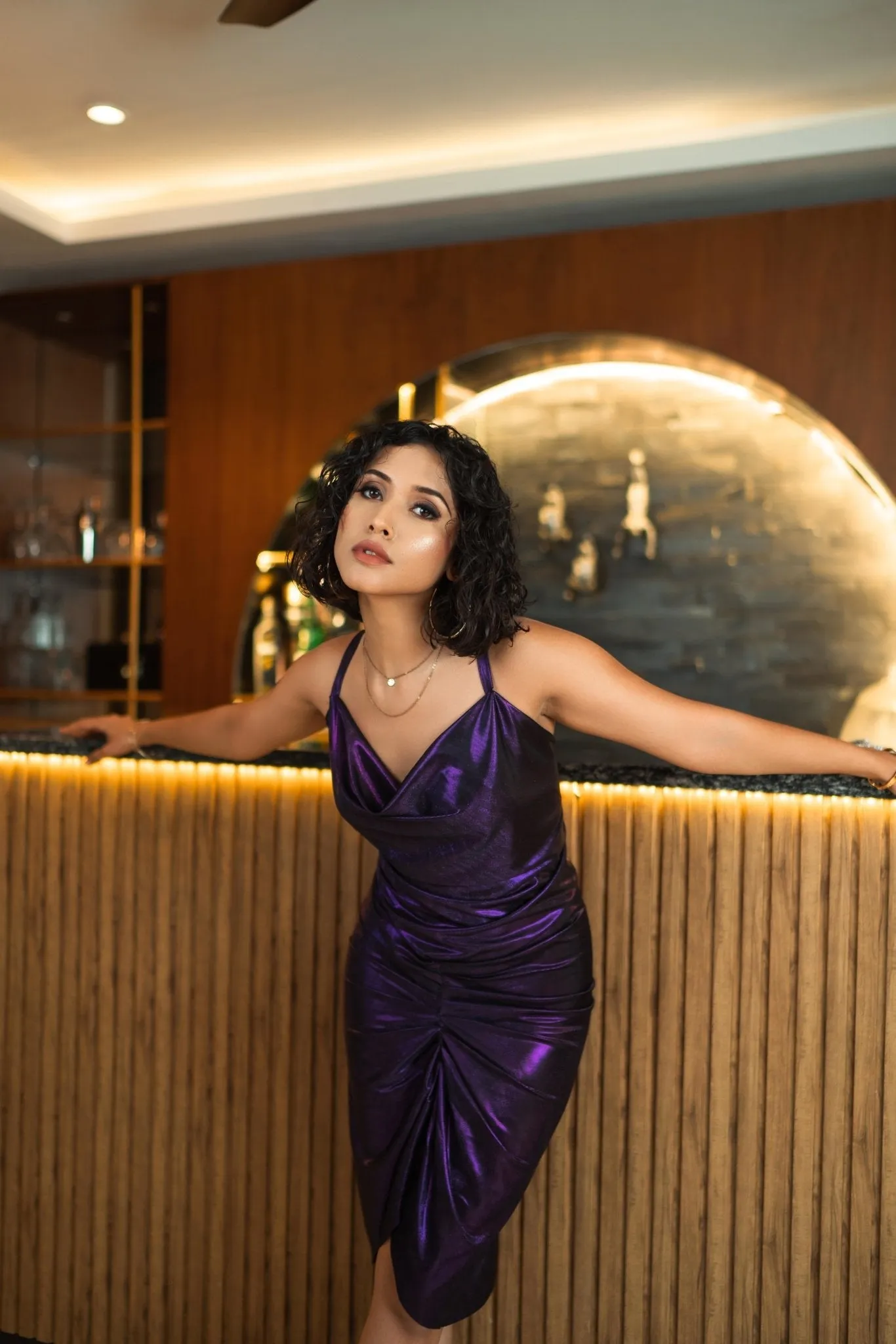 Purple Metallic Cowl Dress