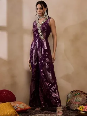Purple Overlap Neck Mirror Work Jumpsuit