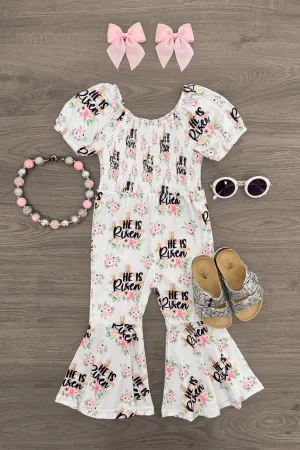 "He Is Risen" Floral Bell Bottom Jumpsuit