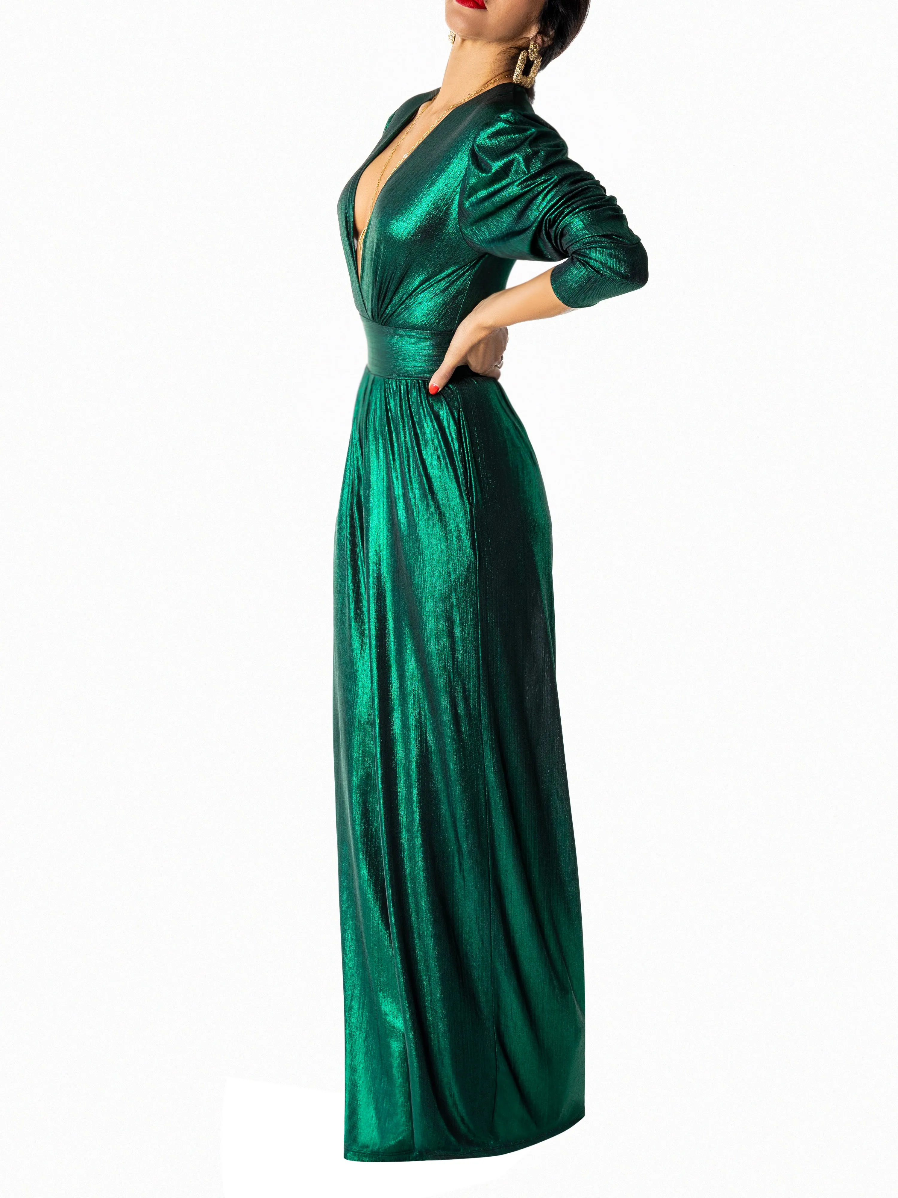 "Margot" Emerald V-Neck Jumpsuit