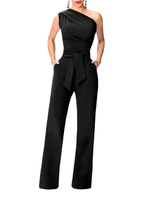 "Nix" One Shoulder Drape Jumpsuit w/Belt