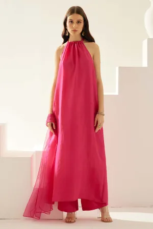Red Silk Halter Neck Kurta Set