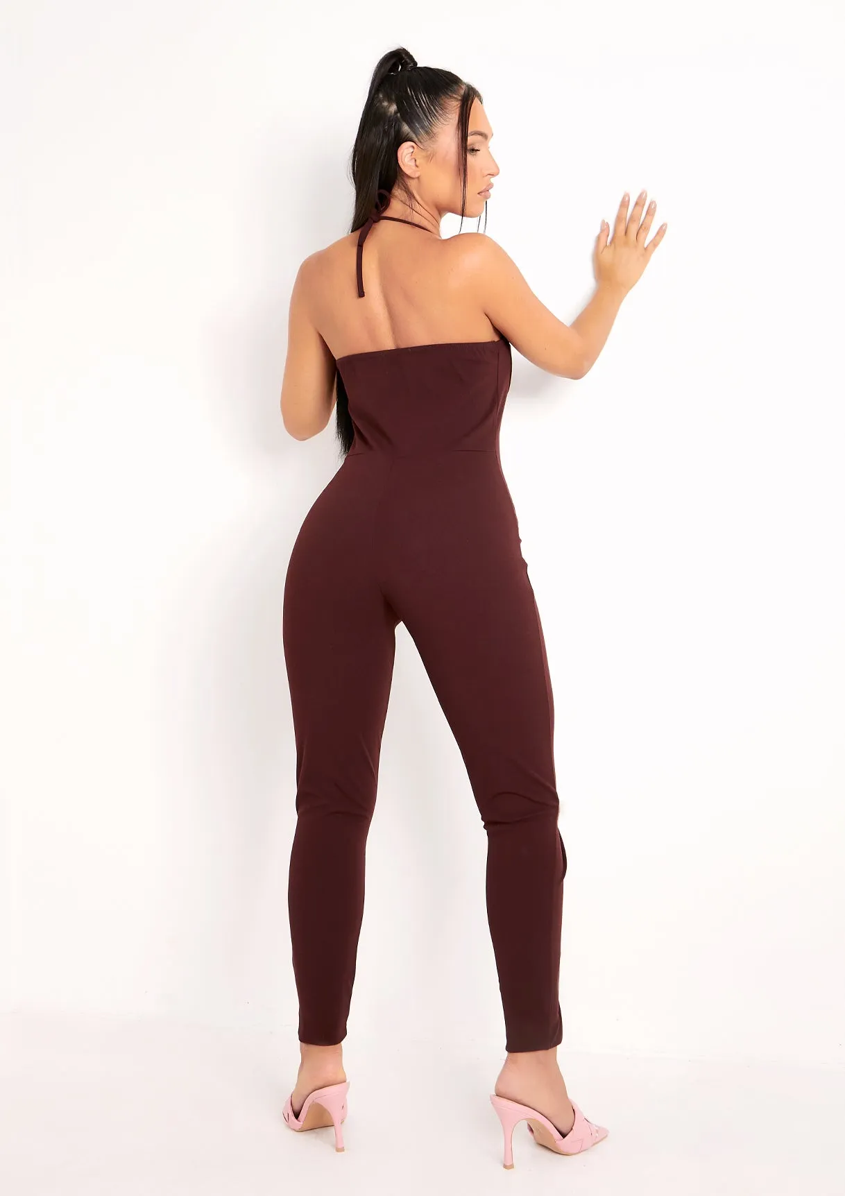 Reese Chocolate Plunge Detail Halterneck Jumpsuit