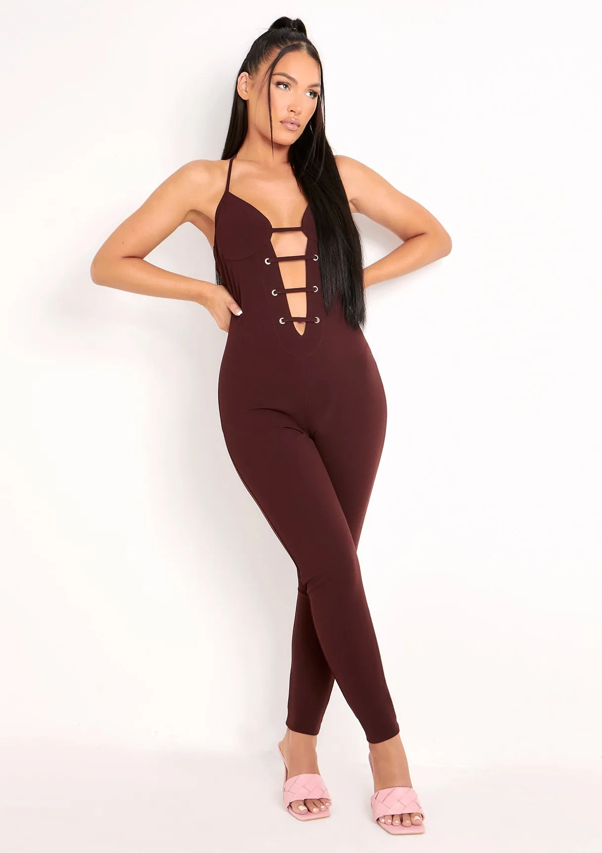 Reese Chocolate Plunge Detail Halterneck Jumpsuit
