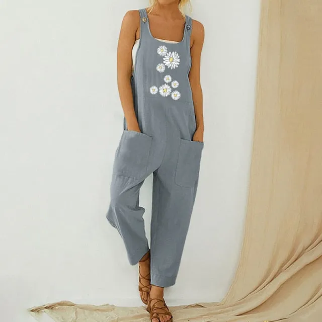 Retro Abstract Pattern Printed Cotton Jumpsuit For Women