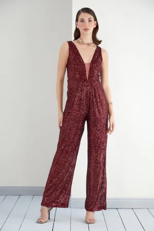 Royal Wine Burgundy Sparkle Wide Leg Jumpsuit