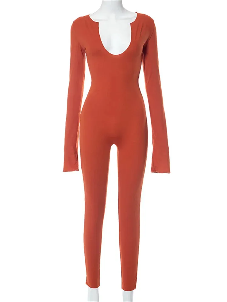 Ruched Deep V Long Sleeve Backless Bodycon Jumpsuit