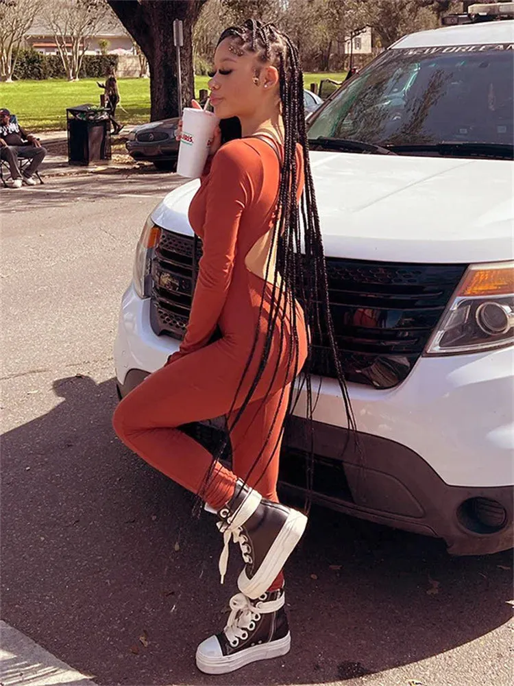 Ruched Deep V Long Sleeve Backless Bodycon Jumpsuit