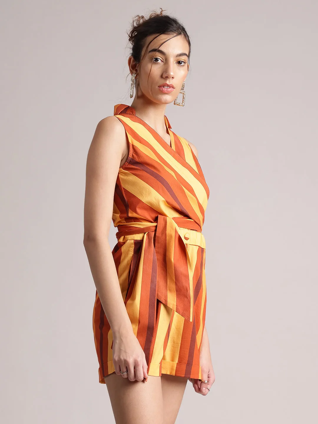 Rust Cotton Blend Striped Wrap Jumpsuit  - By Janasya
