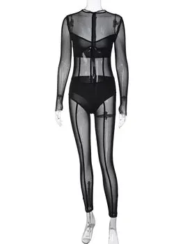 See Through Long Sleeve Bodycon Black Jumpsuit Overalls