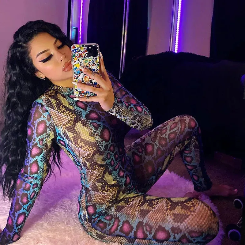 Serpentine Print Round Neck Long Sleeve Bodycon Jumpsuit