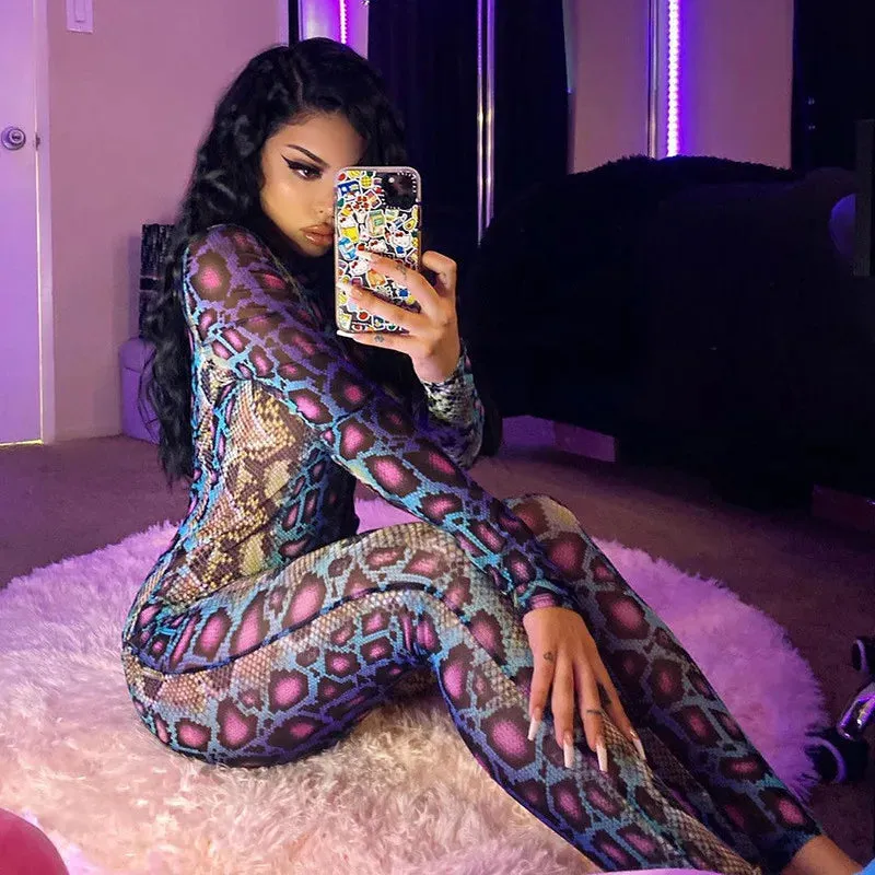 Serpentine Print Round Neck Long Sleeve Bodycon Jumpsuit