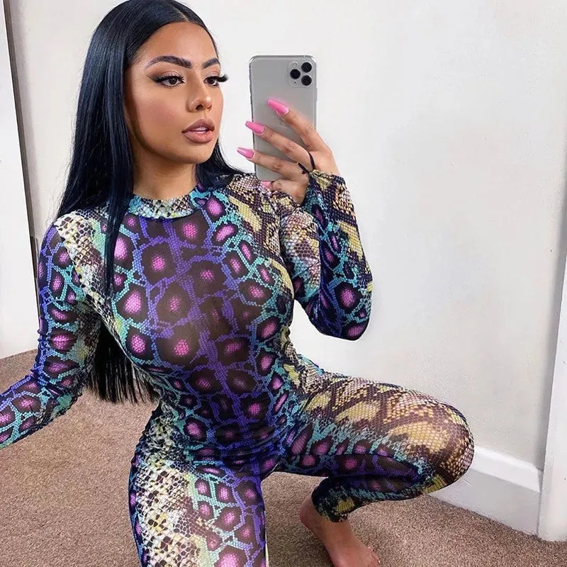 Serpentine Print Round Neck Long Sleeve Bodycon Jumpsuit