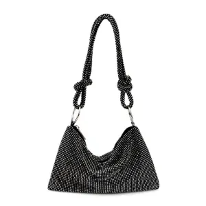 Shimmery Crystal Embellished Knot Trim Shoulder Party Bag - Black