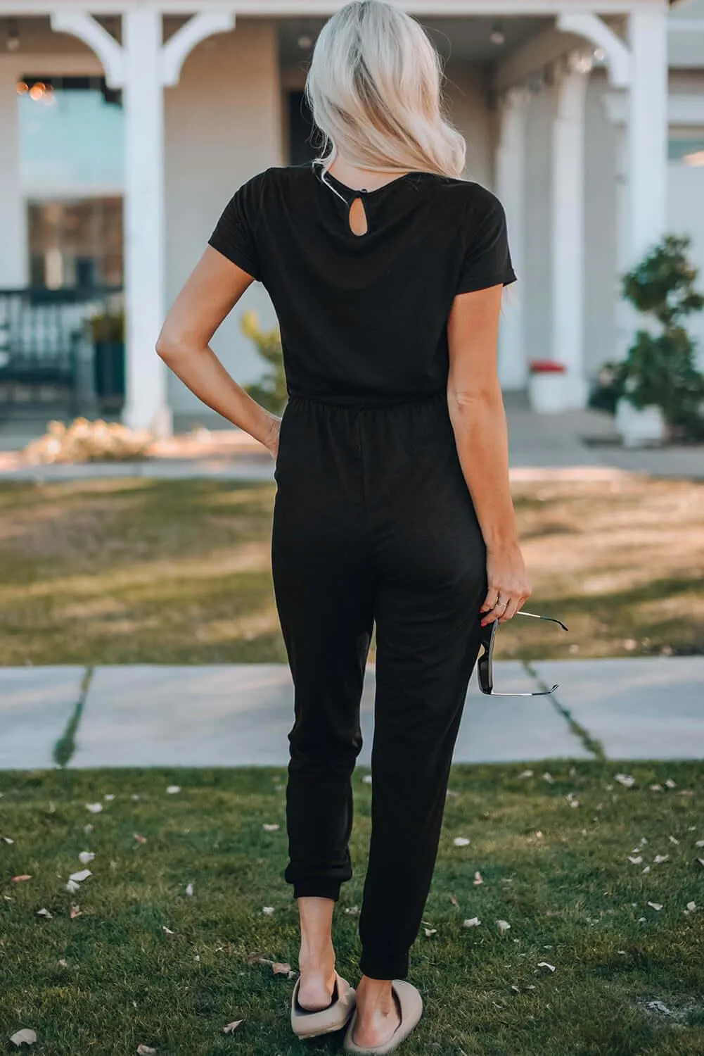 Short Sleeve Black Casual Jumpsuit