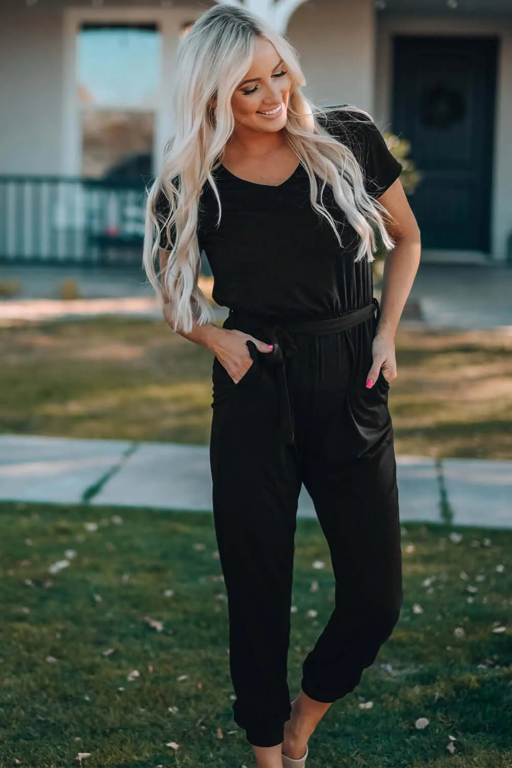 Short Sleeve Black Casual Jumpsuit