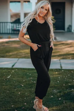 Short Sleeve Black Casual Jumpsuit