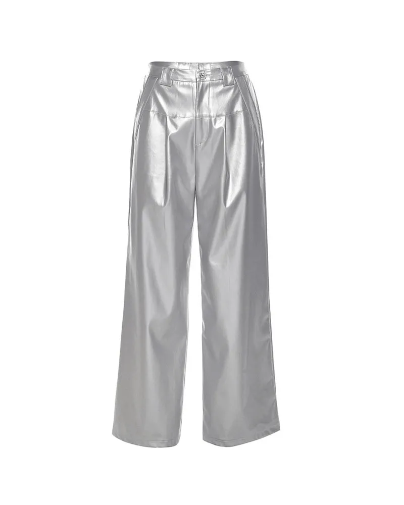 Silver Loose Fashion Casual Straight Wide Leg Leather Pants for Women