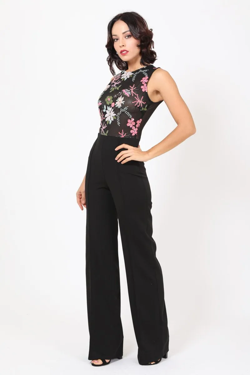 Sleeveless Floral Embroidered Bodice Jumpsuit 15623