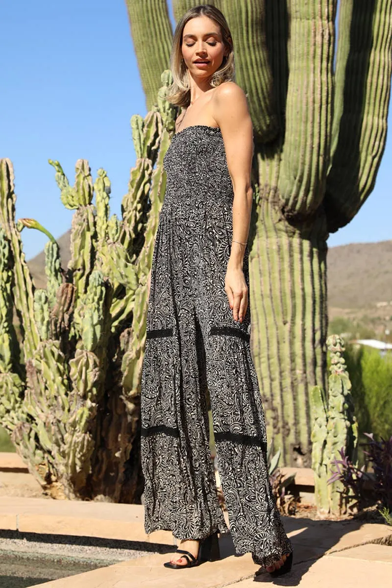 Smocked Bodice Strapless Wide Leg Lace Trim Jumpsuit