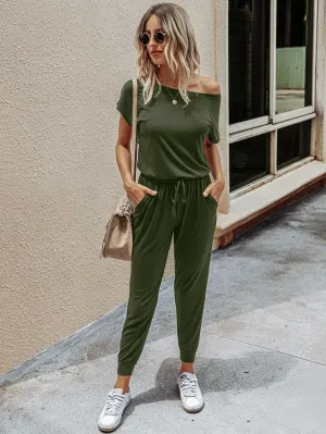 Solid Drawstring Waist Keyhole Back Jumpsuit