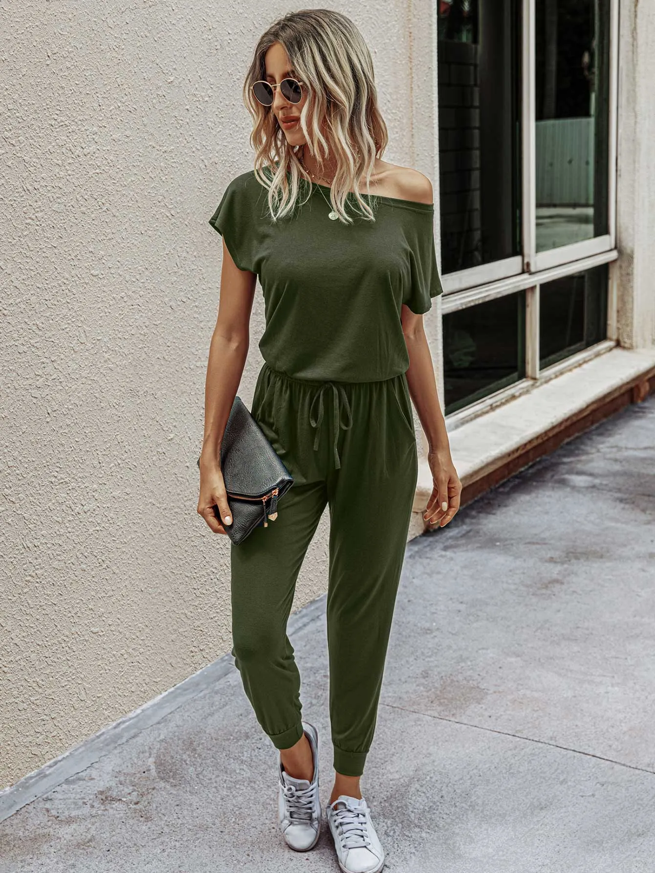 Solid Drawstring Waist Keyhole Back Jumpsuit