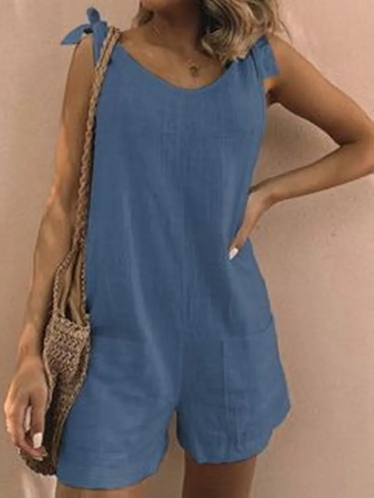 Summer Solid Color High Waist Cotton Linen Pocket Fashion Jumpsuit