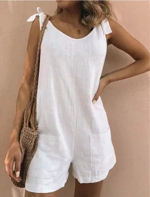 Summer Solid Color High Waist Cotton Linen Pocket Fashion Jumpsuit