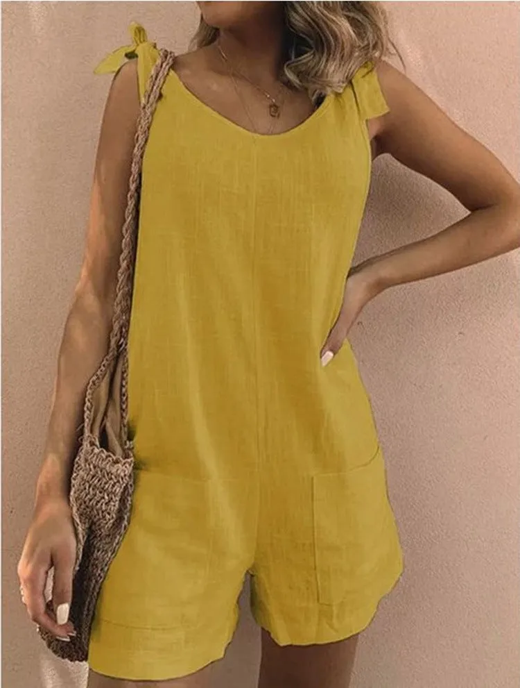 Summer Solid Color High Waist Cotton Linen Pocket Fashion Jumpsuit