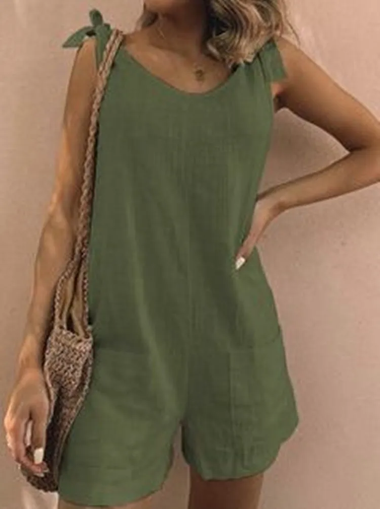 Summer Solid Color High Waist Cotton Linen Pocket Fashion Jumpsuit
