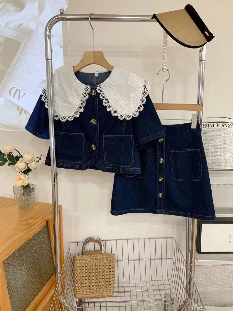 Summer Sweet Denim Suit Lace Peter Pan Collar Single Breasted Tops high Waist A-line Skirts