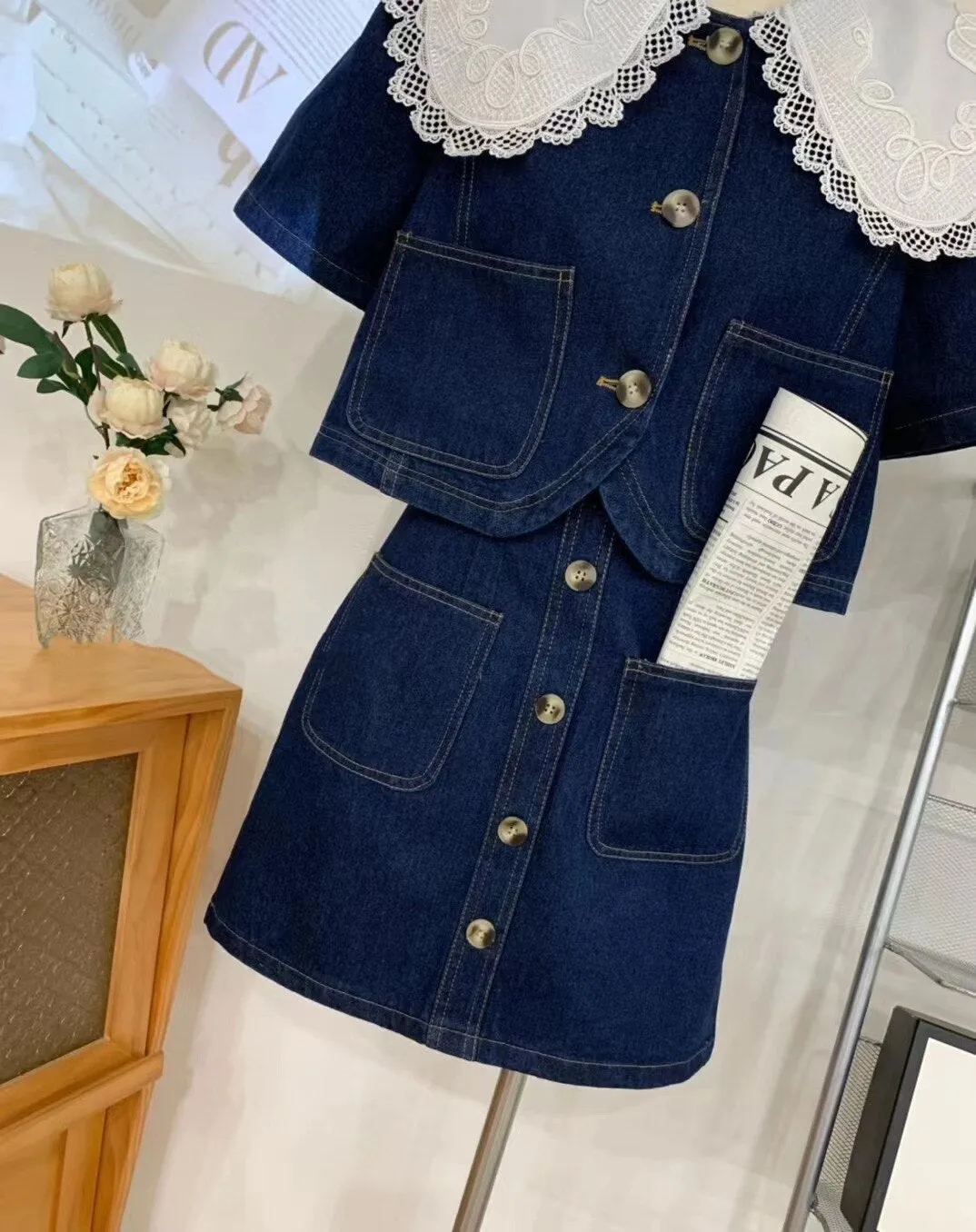 Summer Sweet Denim Suit Lace Peter Pan Collar Single Breasted Tops high Waist A-line Skirts