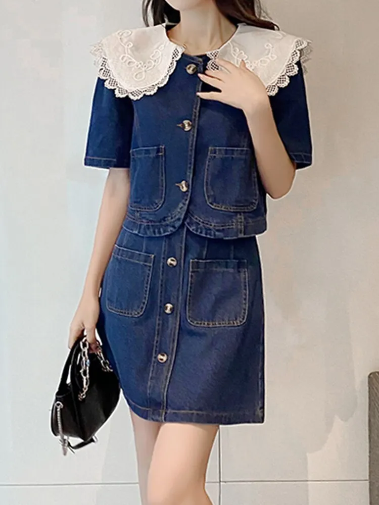 Summer Sweet Denim Suit Lace Peter Pan Collar Single Breasted Tops high Waist A-line Skirts