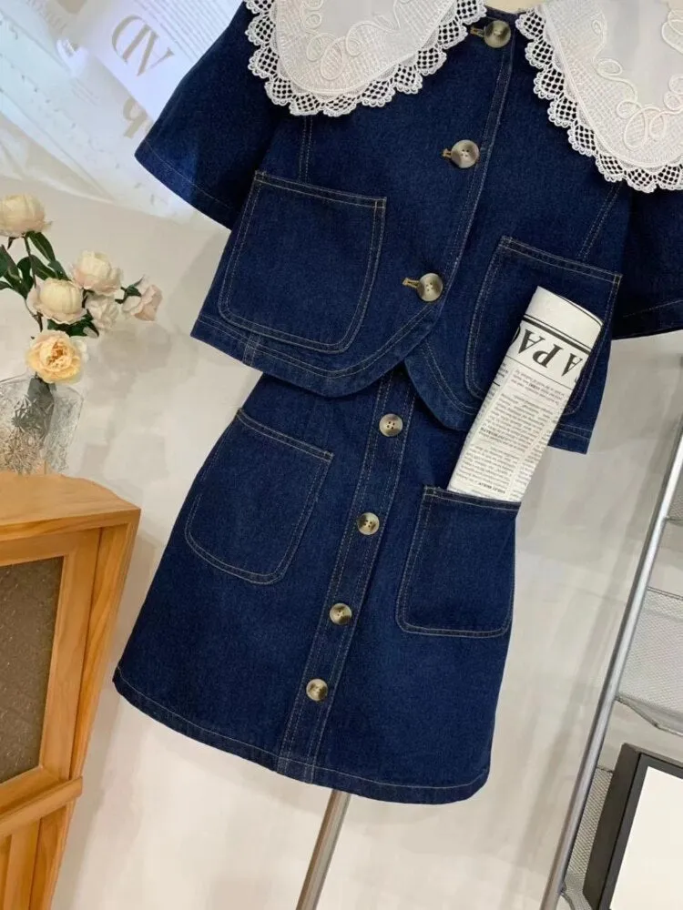 Summer Sweet Denim Suit Lace Peter Pan Collar Single Breasted Tops high Waist A-line Skirts