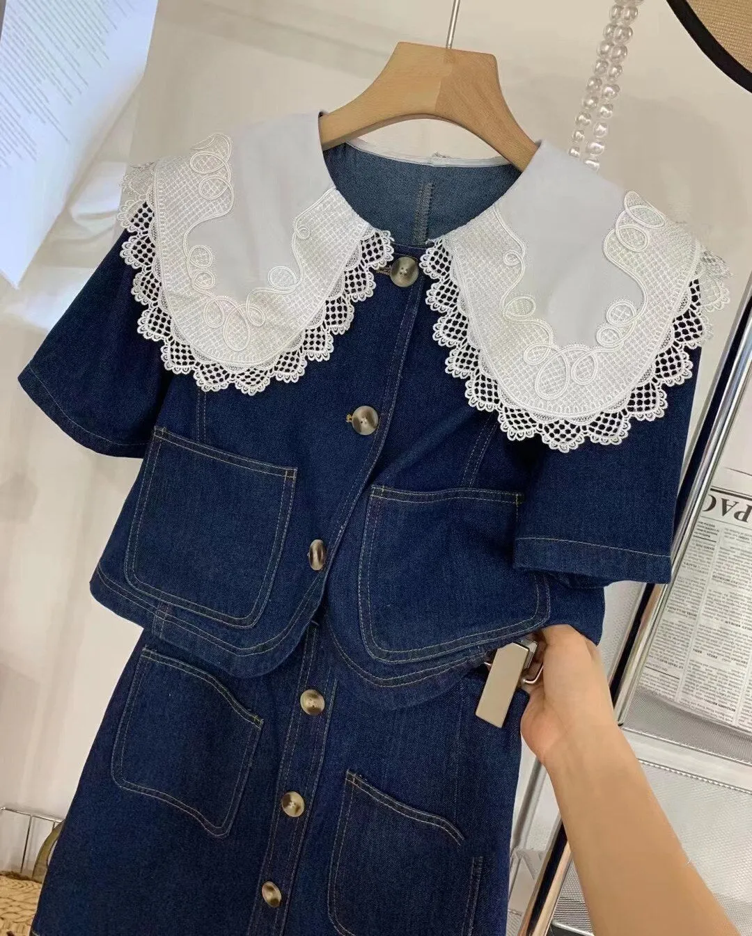 Summer Sweet Denim Suit Lace Peter Pan Collar Single Breasted Tops high Waist A-line Skirts