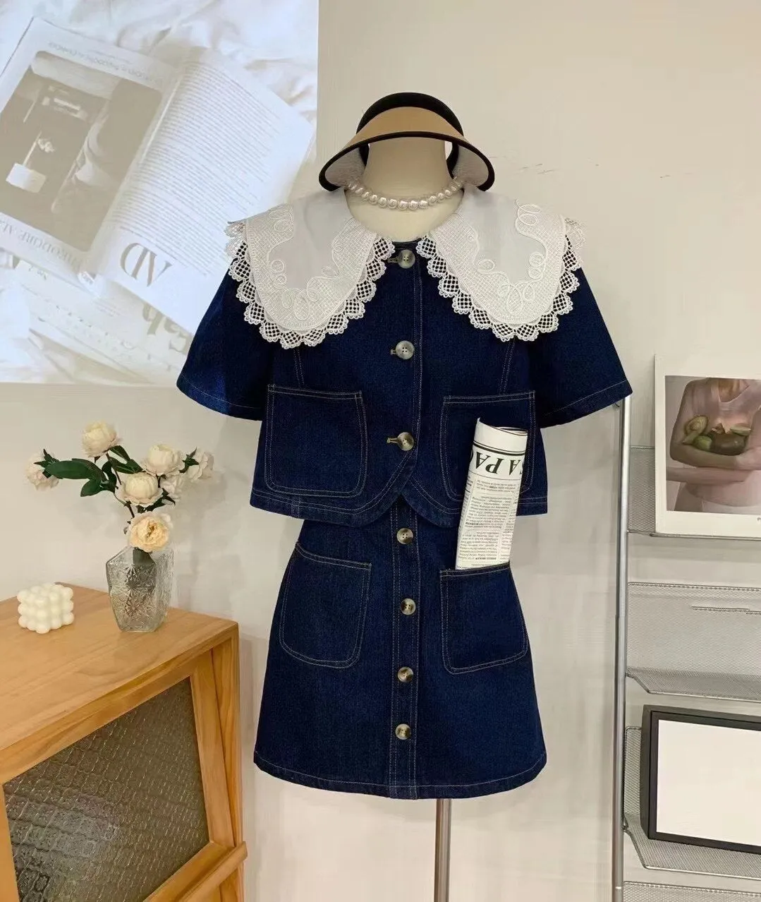 Summer Sweet Denim Suit Lace Peter Pan Collar Single Breasted Tops high Waist A-line Skirts