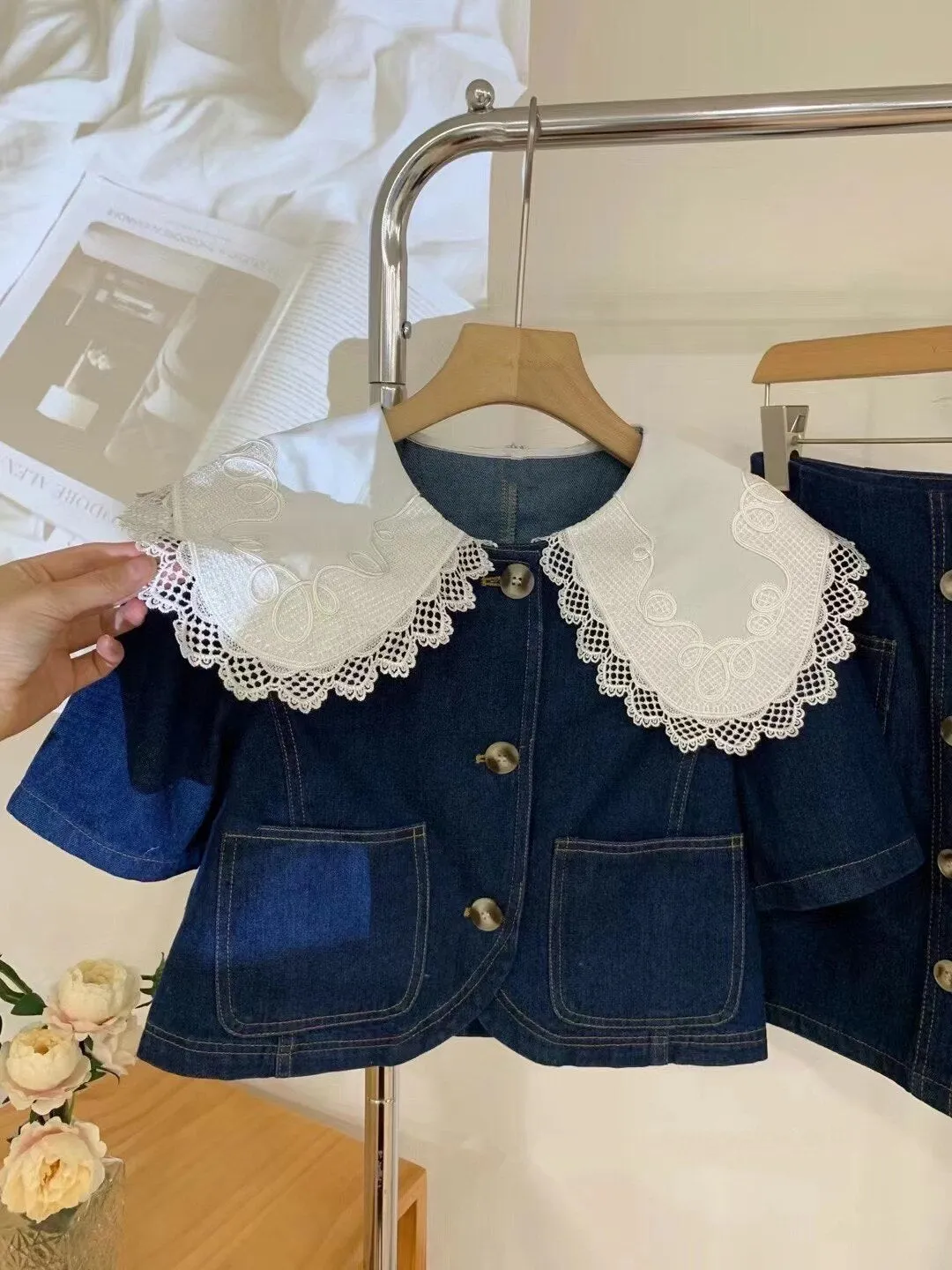 Summer Sweet Denim Suit Lace Peter Pan Collar Single Breasted Tops high Waist A-line Skirts